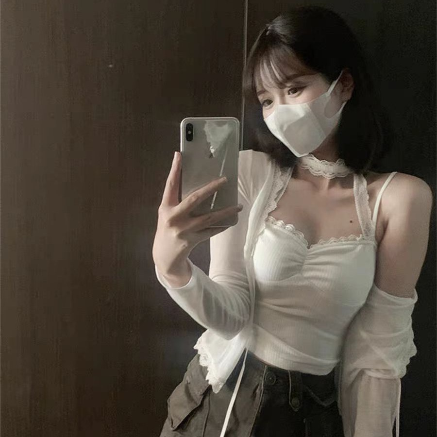 夏季純欲辣妹風蕾絲拼接掛脖修身吊帶背心少女情懷上衣