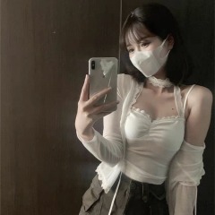 Summer Pure Desire Spicy Girl Lace Splicing String Strap Top with Teenage Sentiment