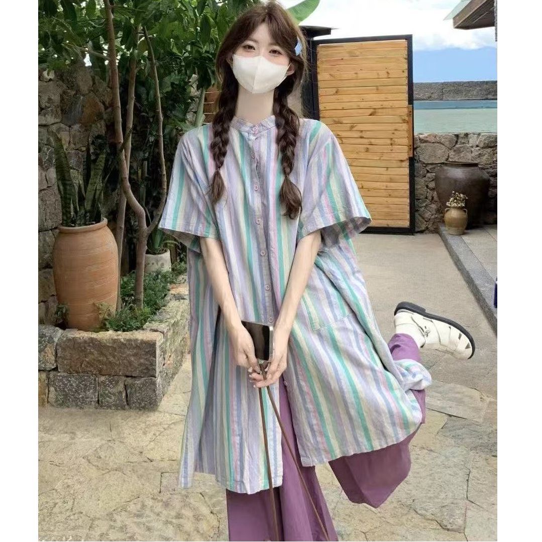 New retro temperament suit mid-length striped shirt for women summer loose casual pants trousers two-piece set