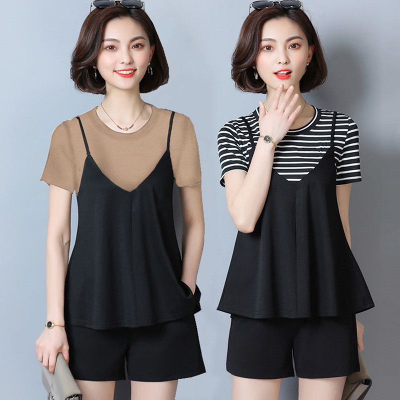 200 jin large size women's summer new fat mm striped short sleeve belly-covering fashionable loose shorts two-piece set