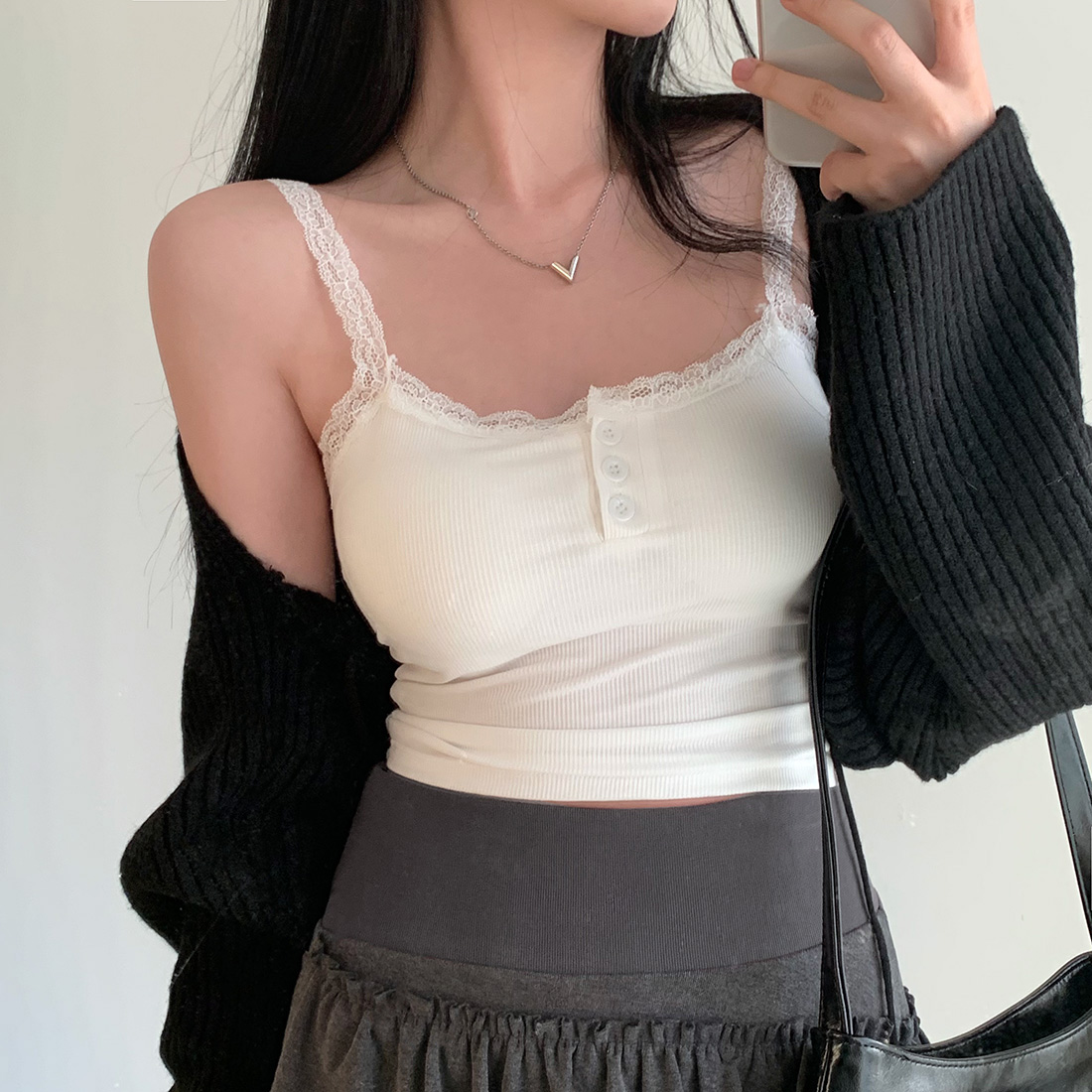 Korean chic sweet and spicy lace suspender versatile with chest pad button vest for women