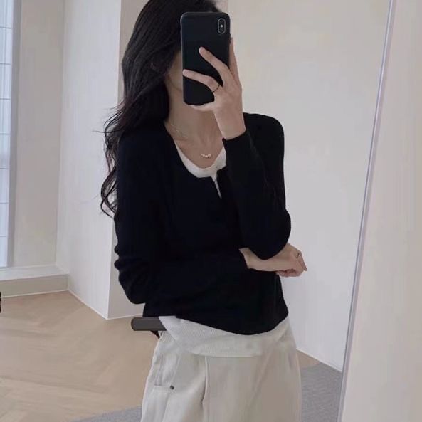 黑色假兩件v領內搭打底衫女早秋修身短款上衣
