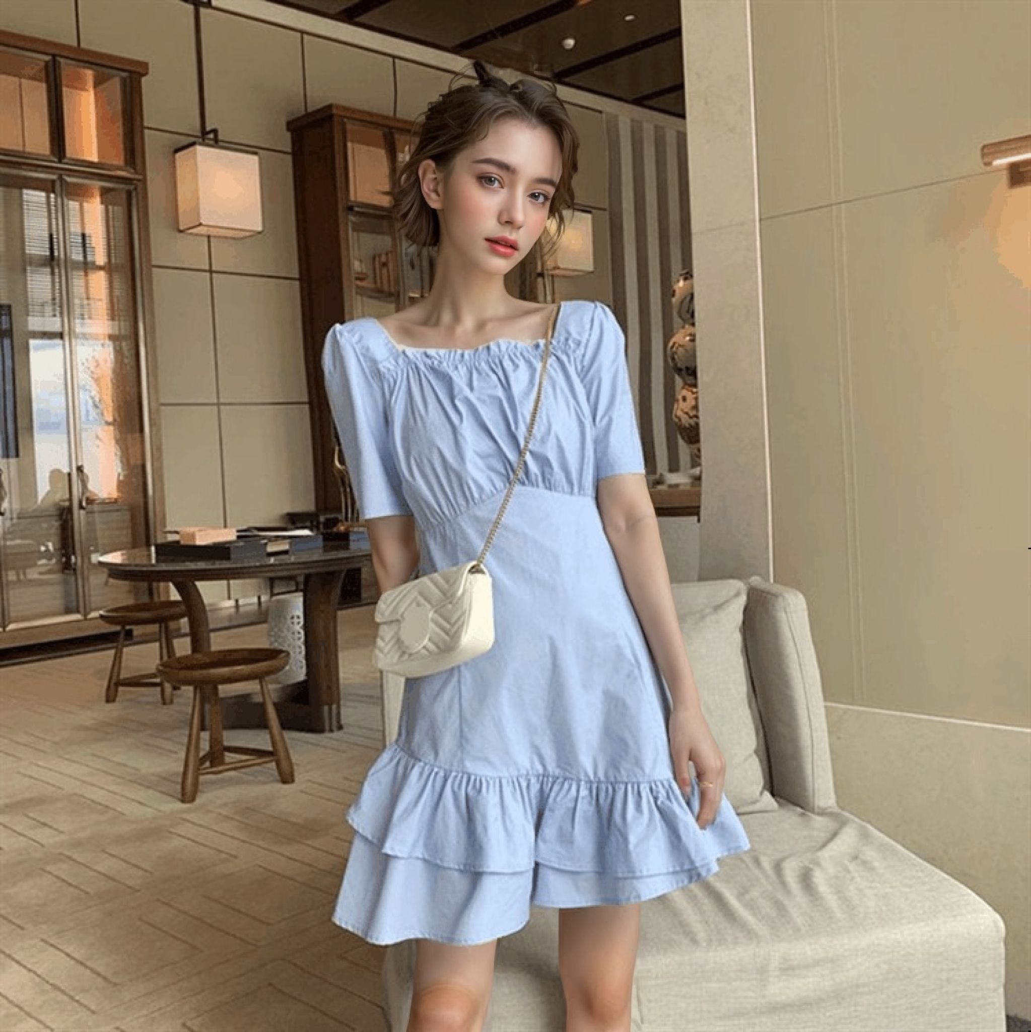 2025 Korean version of casual square collar elastic waist slim ruffle dress spring and summer fishtail short sleeve short skirt princess