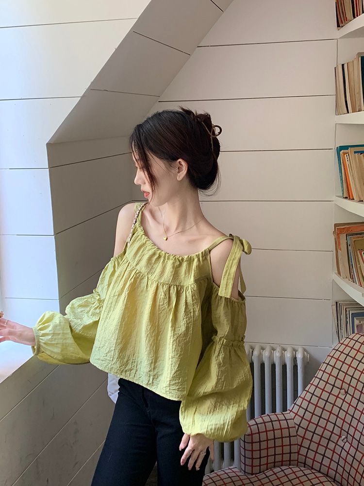 Rose red puff sleeve short shirt for women in summer niche loose design lace-up off-shoulder sun protection long-sleeved top