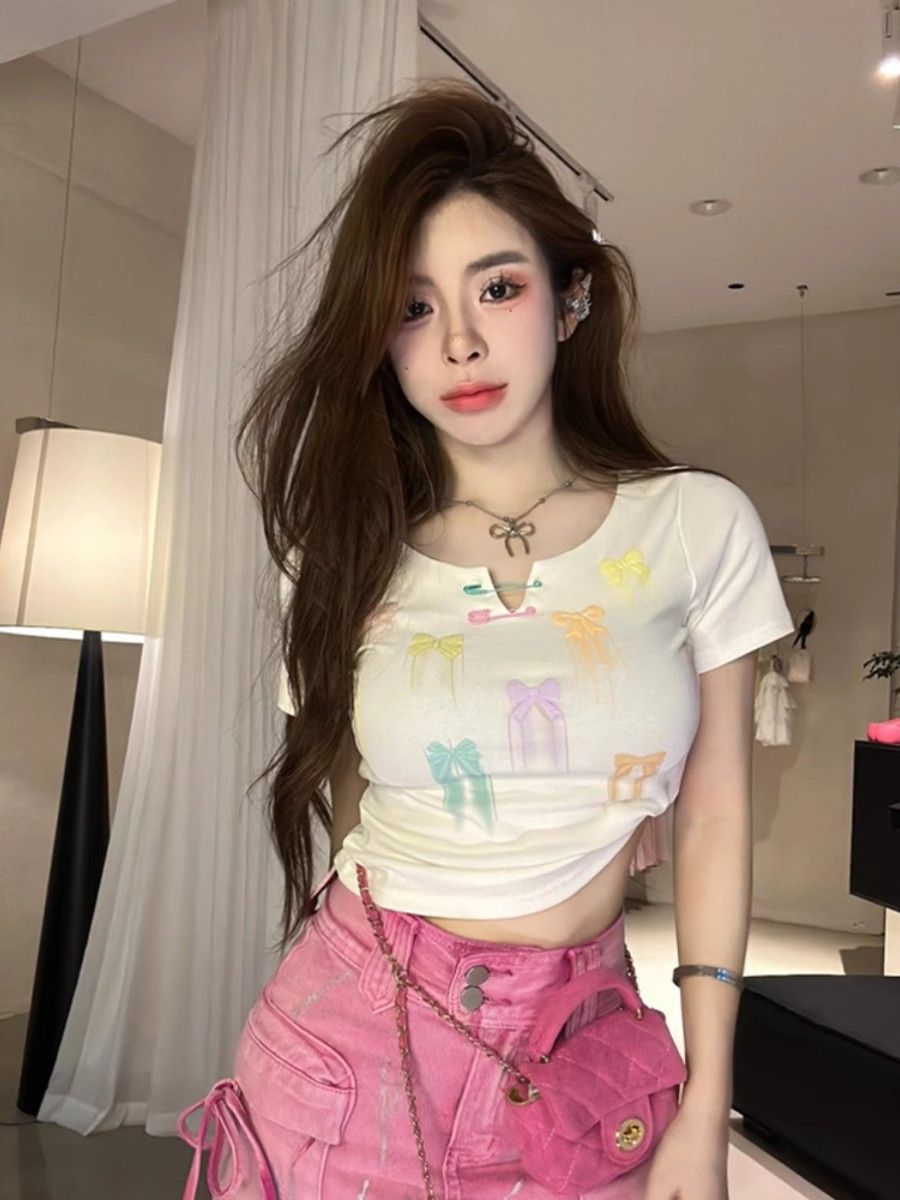 1*1隨心裁純欲性感辣妹蝴蝶印花V領短袖T恤修身顯瘦短款粉色上衣
