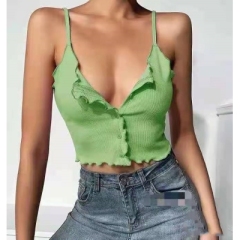 新款夏季針織背心女內搭外穿緊身顯瘦短款木耳邊單排扣吊帶衫