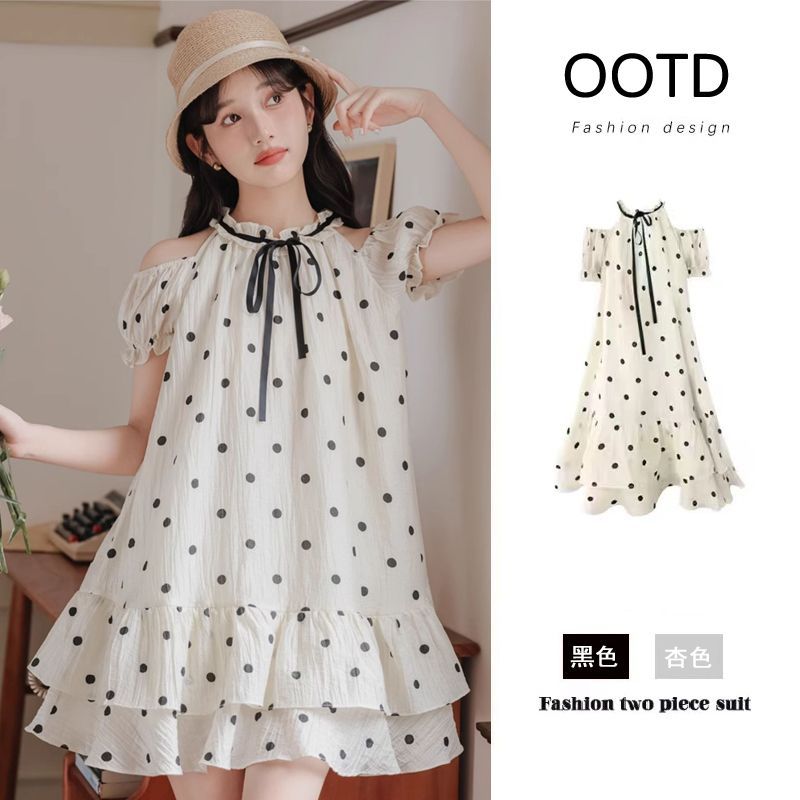 French small fresh polka dot temperament sweet off-shoulder polka dot dress summer new small age-reducing short skirt