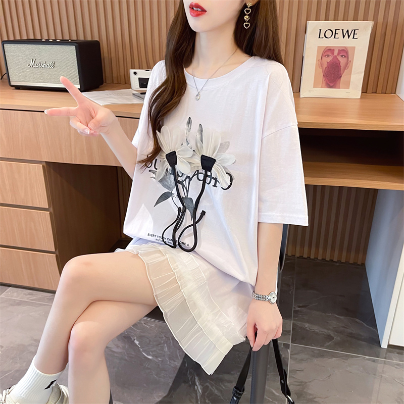 Real-life quality/pure cotton/rear collar/loose lace spliced ​​three-dimensional flower T-shirt skirt