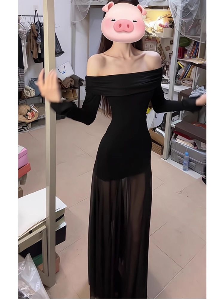 辣妹性感一字肩網紗連衣裙女春季風情萬種純欲收腰顯瘦包臀長裙子