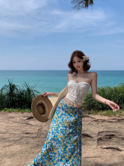Real shot of seaside vacation style drawstring vest top summer blue floral skirt two-piece set