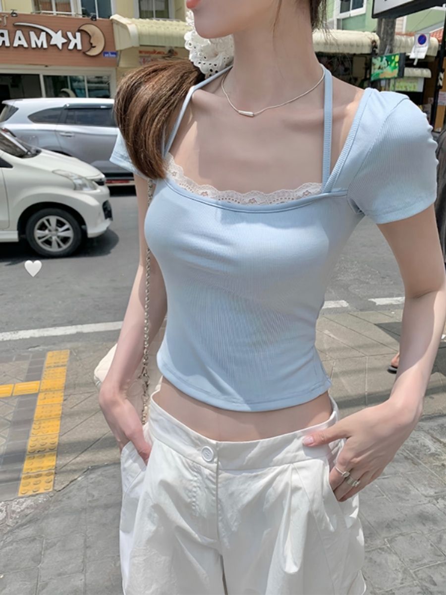 40 pieces 1*1 fine cotton O'Dell square neck short-sleeved T-shirt women's summer splicing design slimming pure desire top 
