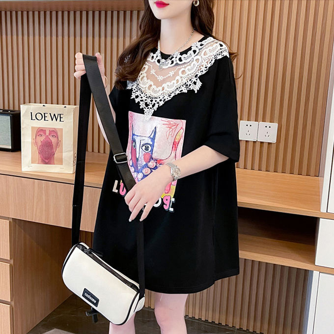 Quality/pure cotton/back collar/loose lace splicing fashion design sense heavy industry T-shirt