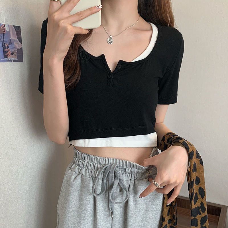 Threaded cotton summer 2025 new hot girl fake two-piece short-sleeved T-shirt for women niche slim bm short navel top