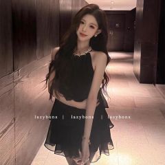 珍珠掛脖連衣裙女夏高級感輕奢名媛生日小禮裙富家千金氣質小黑裙