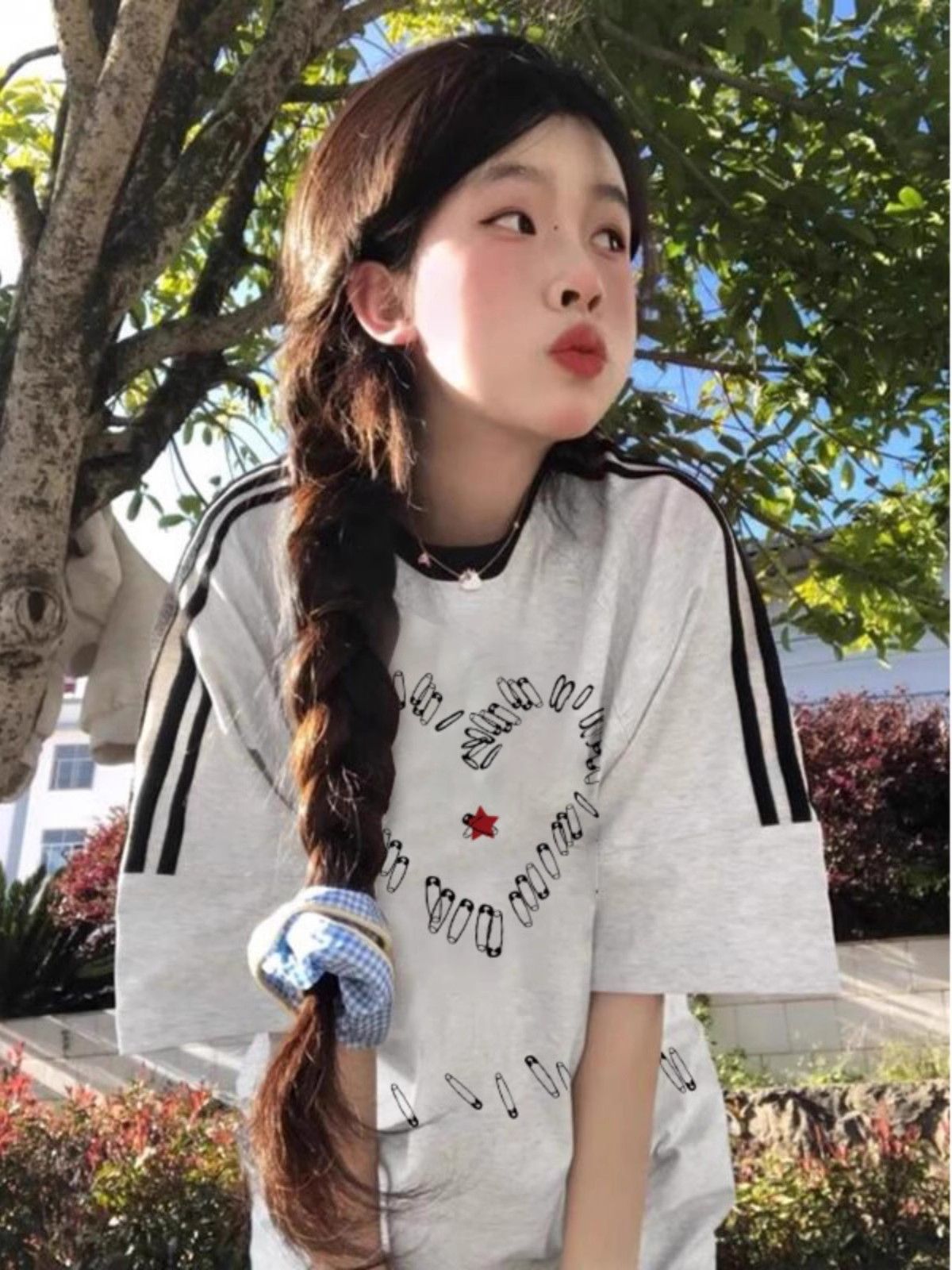 高質量純棉220克精梳緊密印花三條槓寬鬆大版落肩短袖恤女