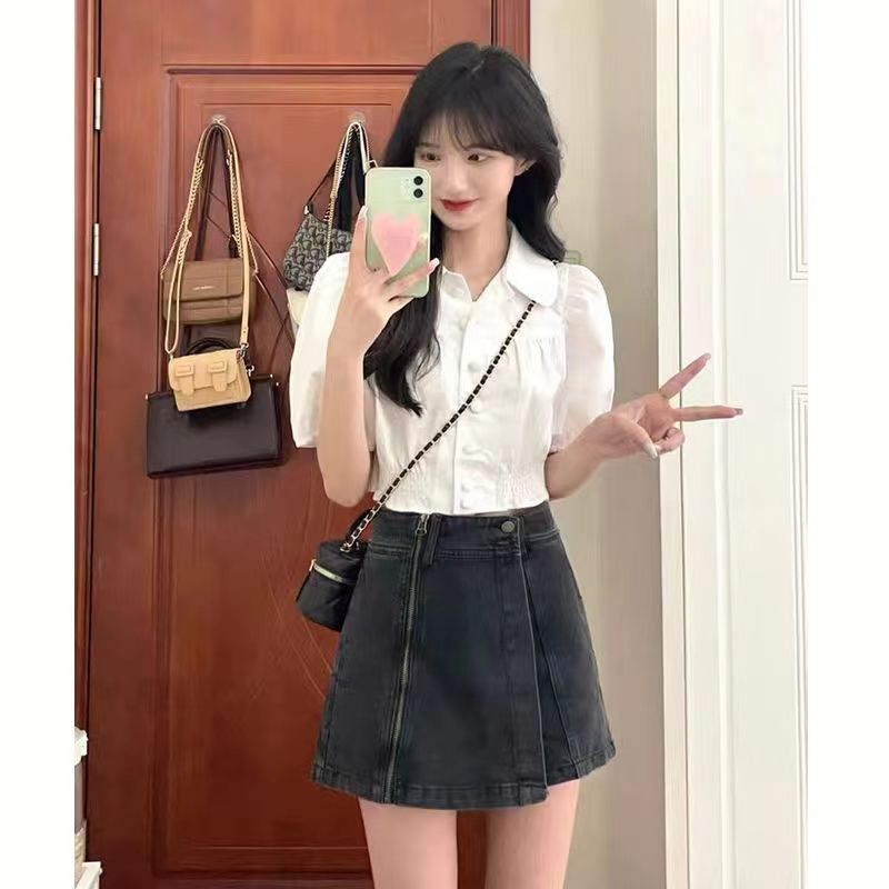 White puff sleeve short sleeve short shirt top high-end unique French chic small shirt