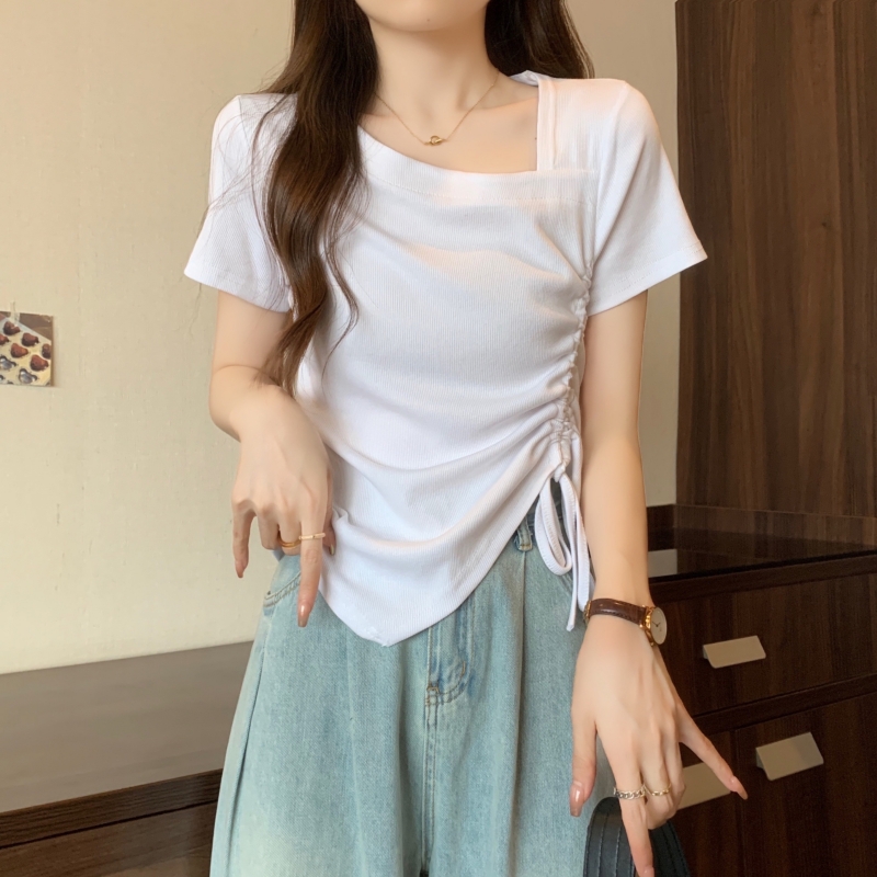 實拍  40支純棉210克92棉/8氨綸抽繩短袖T恤女斜領