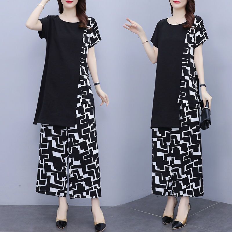 200 catties large size casual and fashionable suit for women fat mm summer new fashionable loose wide-leg pants two-piece set