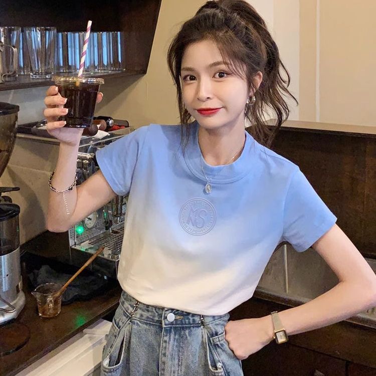 韓版漸變色短袖T恤女夏季新款設計感chic辣妹風短款藍色鹽系上衣