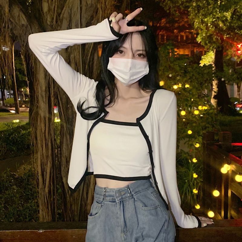 Two-piece slim short small suspender set new fashionable hot girl jacket two-piece women's trendy
