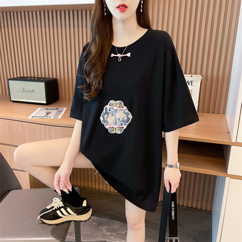Real-life quality/pure cotton/back collar/loose large size new Chinese style embroidered buckle top