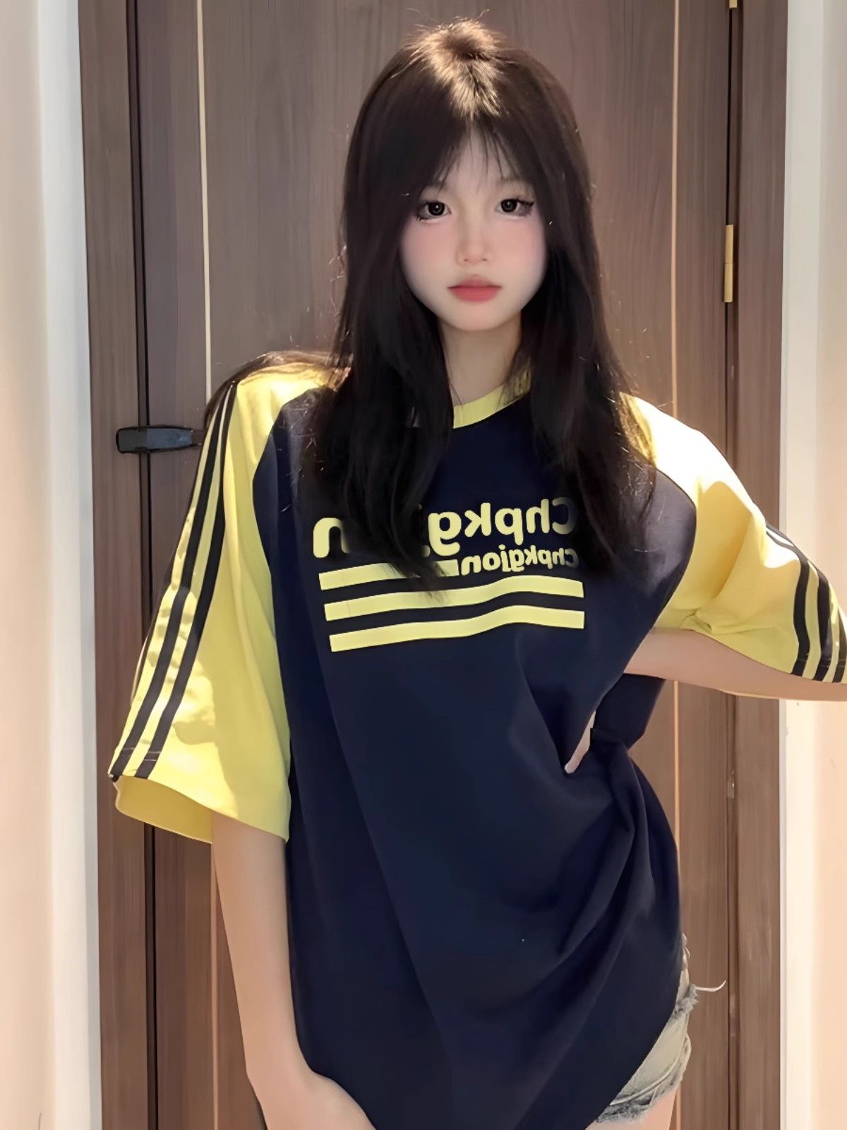 高質量純棉220克精梳緊密印花三條槓寬鬆大版落肩短袖恤女