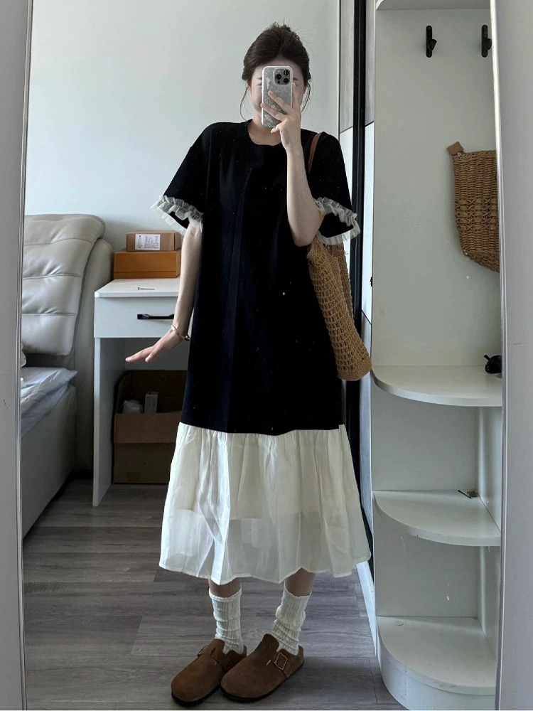 寬鬆微胖遮肉顯瘦連衣裙子長裙女夏季2025新款黑色長款過膝T恤裙