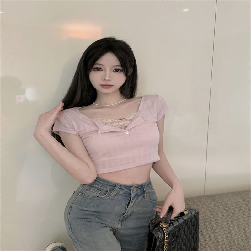 Design-sensing jacquard fake two-piece lace flower short-sleeved T-shirt for women in summer new slim navel-displayed top