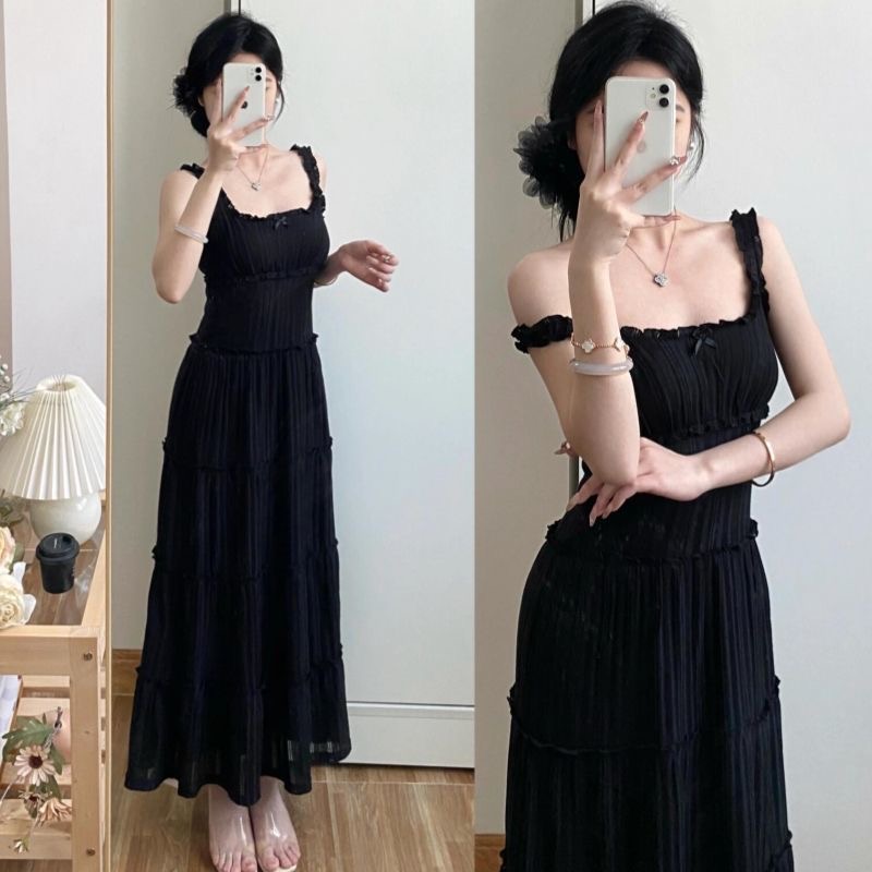 韓系ins氣質慵懶風吊帶裙女夏季辣妹純欲風黑色連衣裙顯瘦蛋糕裙