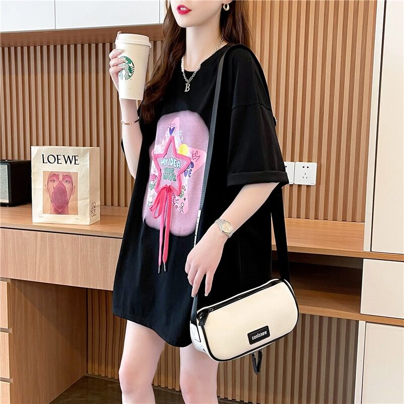 Quality/Loop-Ding-Spool Pure Cotton/Back-Collection/Mid-length Three-dimensional Decorative Short-Sleeved T-shirt for Women