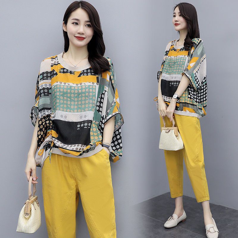 Internet celebrity large-size women's print suit for women 2025 season new casual and fashionable fashionable loose two-piece set