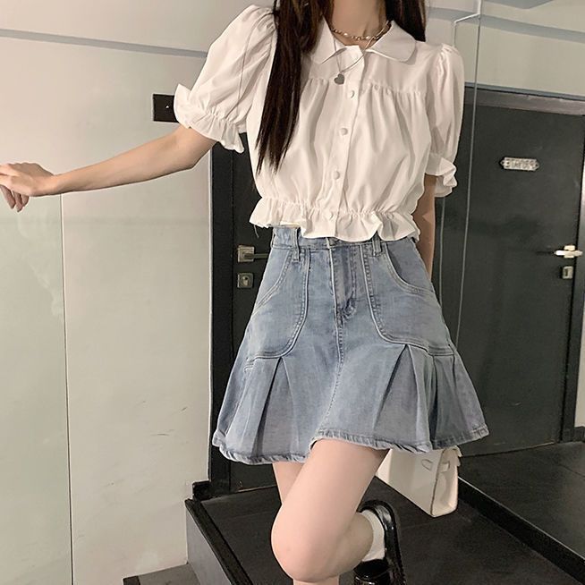 娃娃領短袖襯衫女新款收腰夏季韓版褶皺顯瘦短款襯衣學院風上衣服