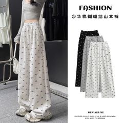 High waist drooping bow printed wide-leg pants for women in spring and autumn new loose straight pants lazy casual floor trousers