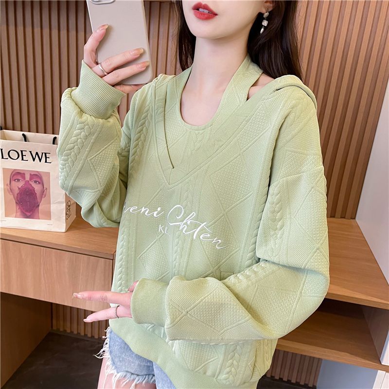 Actual shot Korean style loose spring and autumn embroidered two-piece pique hooded sweatshirt for women