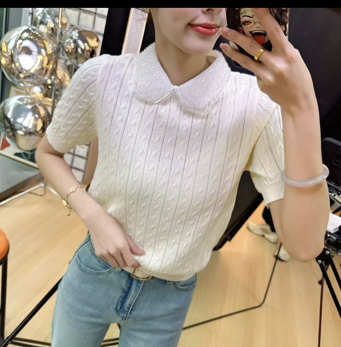 Retro lace doll collar pullover knitted sweater versatile short-sleeved niche fashionable top for women