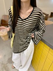 條紋防曬罩衫長袖T恤女夏慵懶風V領寬鬆薄款休閒上衣