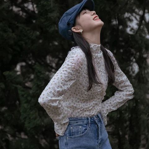 棉泡泡新款復古寬鬆白色長袖打底T恤小衫設計感內搭碎花上衣