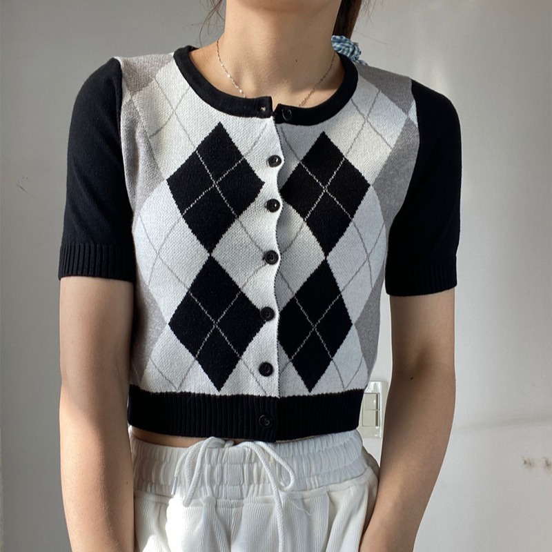 夏季新款BM風甜辣拼色菱格針織開衫短款上衣小個子衣服外套女