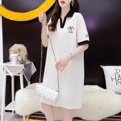 Quality/pure cotton/rear collar/polo collar open-pull design contrasting color T-shirt dress