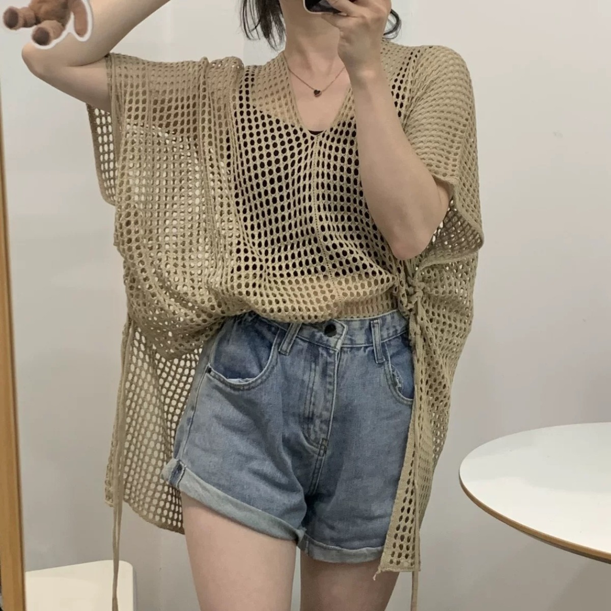 Thin style, niche V-neck sunscreen hollow top for women Korean style loose and fashionable new versatile mesh hood