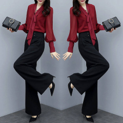 2025 Autumn New Women's Wide Leg Pants Casual Set Fashion Korean Style Loose Long Sleeve Two-Piece Set