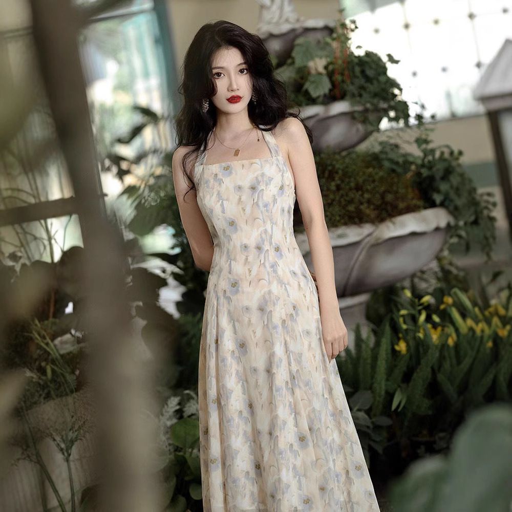 French new gentle style tea break platycodon skirt super fairy style romantic and beautiful neck halter dress high-end