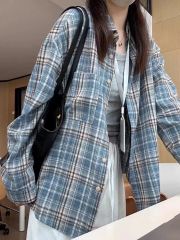 Original waist splicing blue plaid long-sleeved shirt for women for autumn new loose top jacket shirt