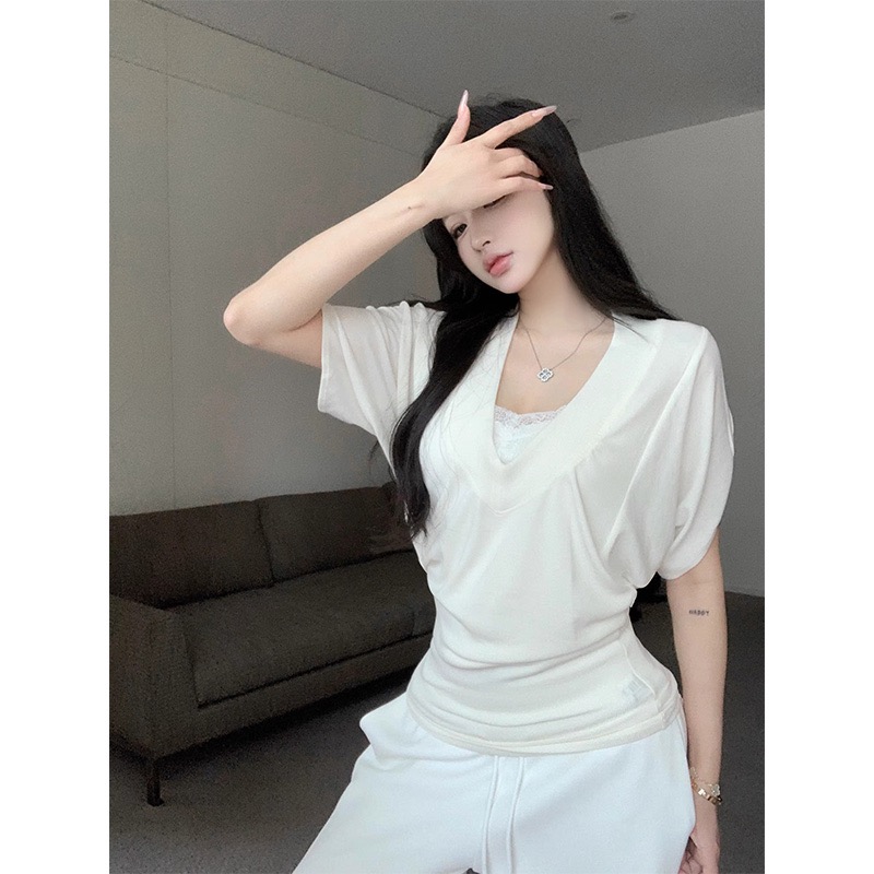 法式灰色蝙蝠袖短袖T恤女裝夏季小眾氣質寬鬆中長款上衣