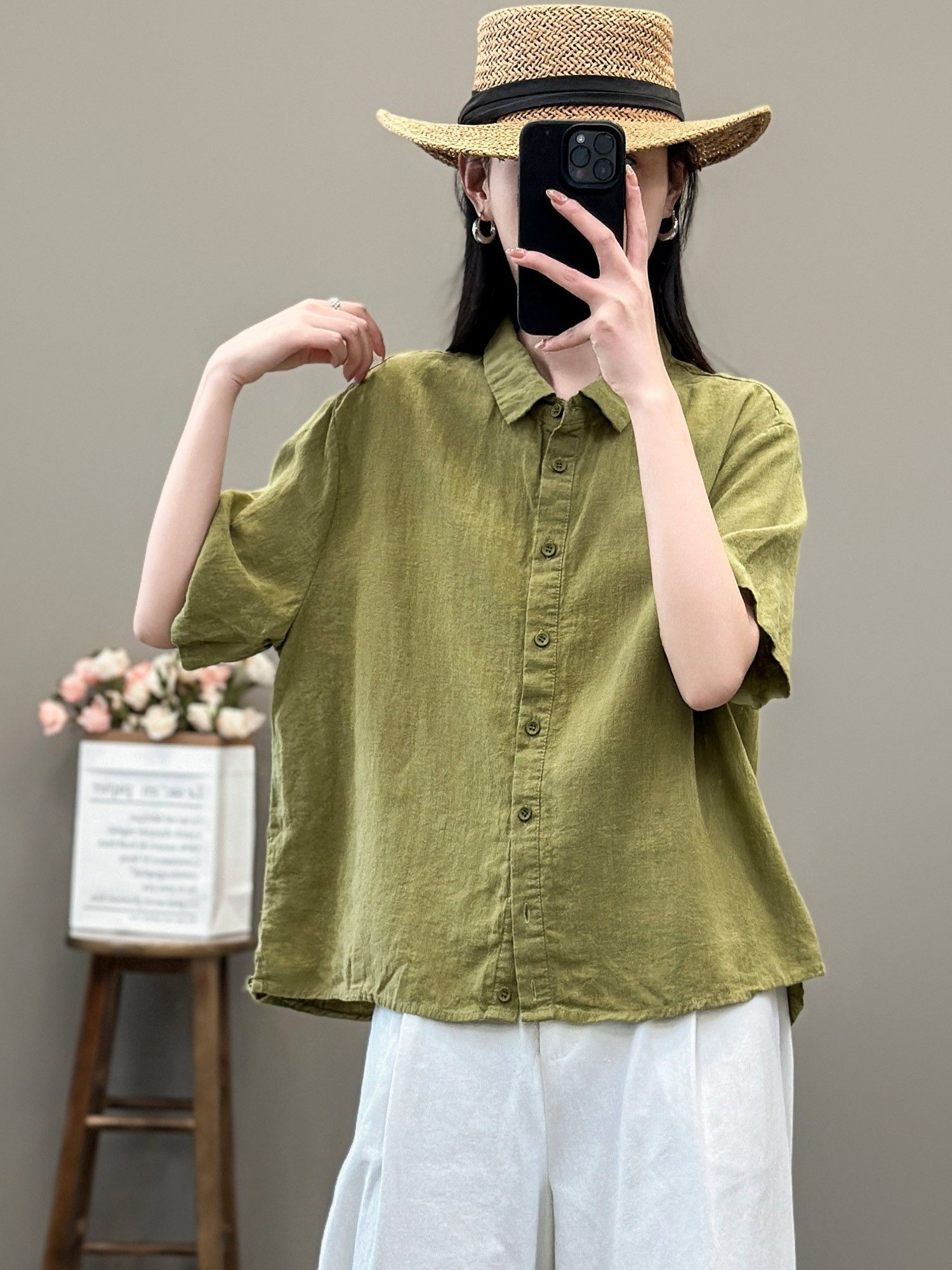 文藝復古風麻料襯衫女夏季氣質通勤純色百搭翻領棉麻五分袖上衣女