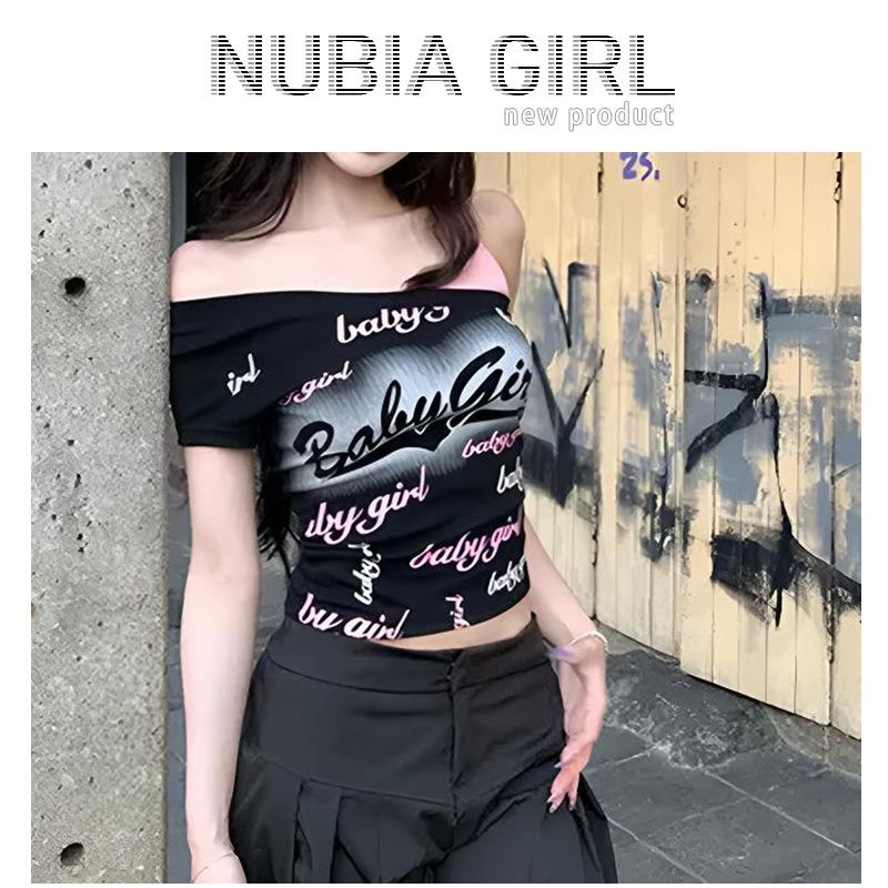 美式復古辣妹露肩印花T恤女短袖2025新款獨特絕美修身吊帶上衣夏