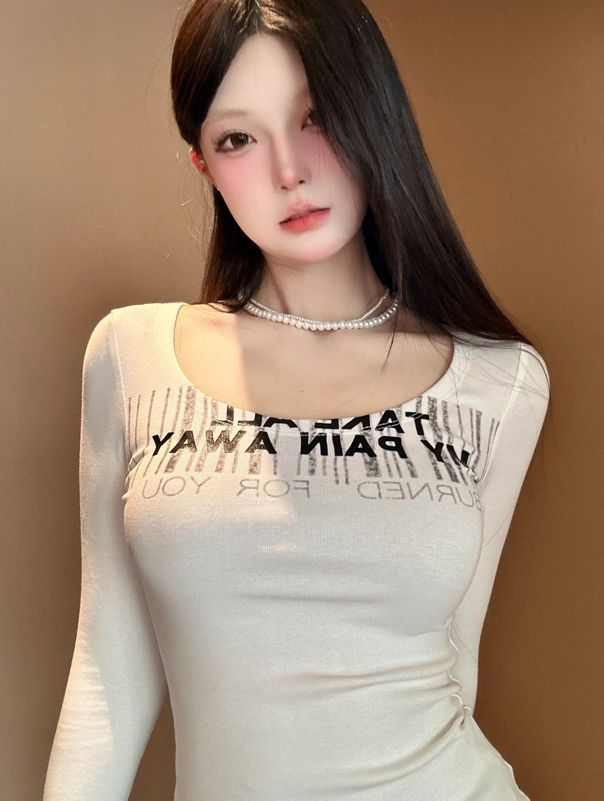 40支純棉 天貓質量秋季條形碼印花顯瘦u領長袖短款辣妹上衣女