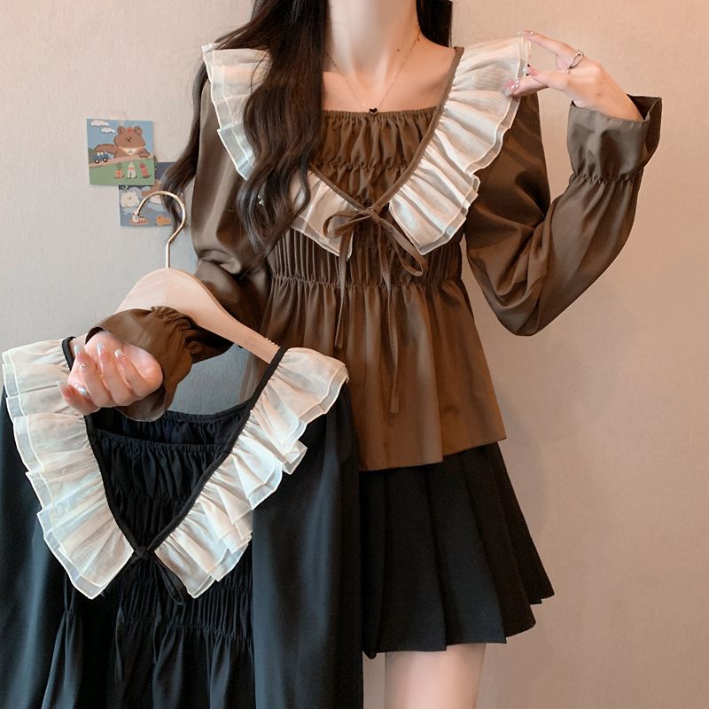 Real shooting women's fashion French ruffled hem spliced long-sleeved shirt women autumn and winter belly cover slimming small shirt upper clothes 