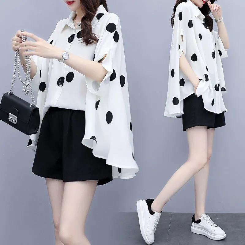 New chiffon set 2025 spring and summer polka dot fashionable large size loose slimming temperament and fashionable shorts two-piece set