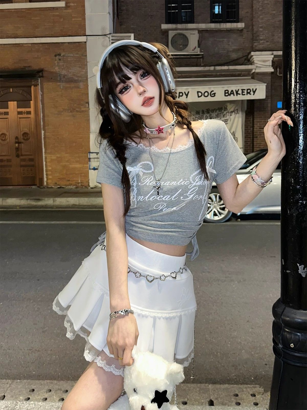 Rebellious neighborhood hot girl lace drawstring short-sleeved T-shirt for women in summer slim slim short top